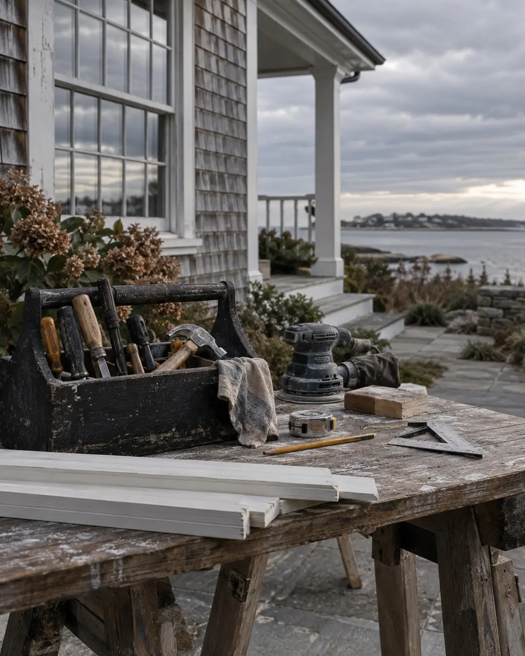 Unbranded restoration tools arranged at a residential work site