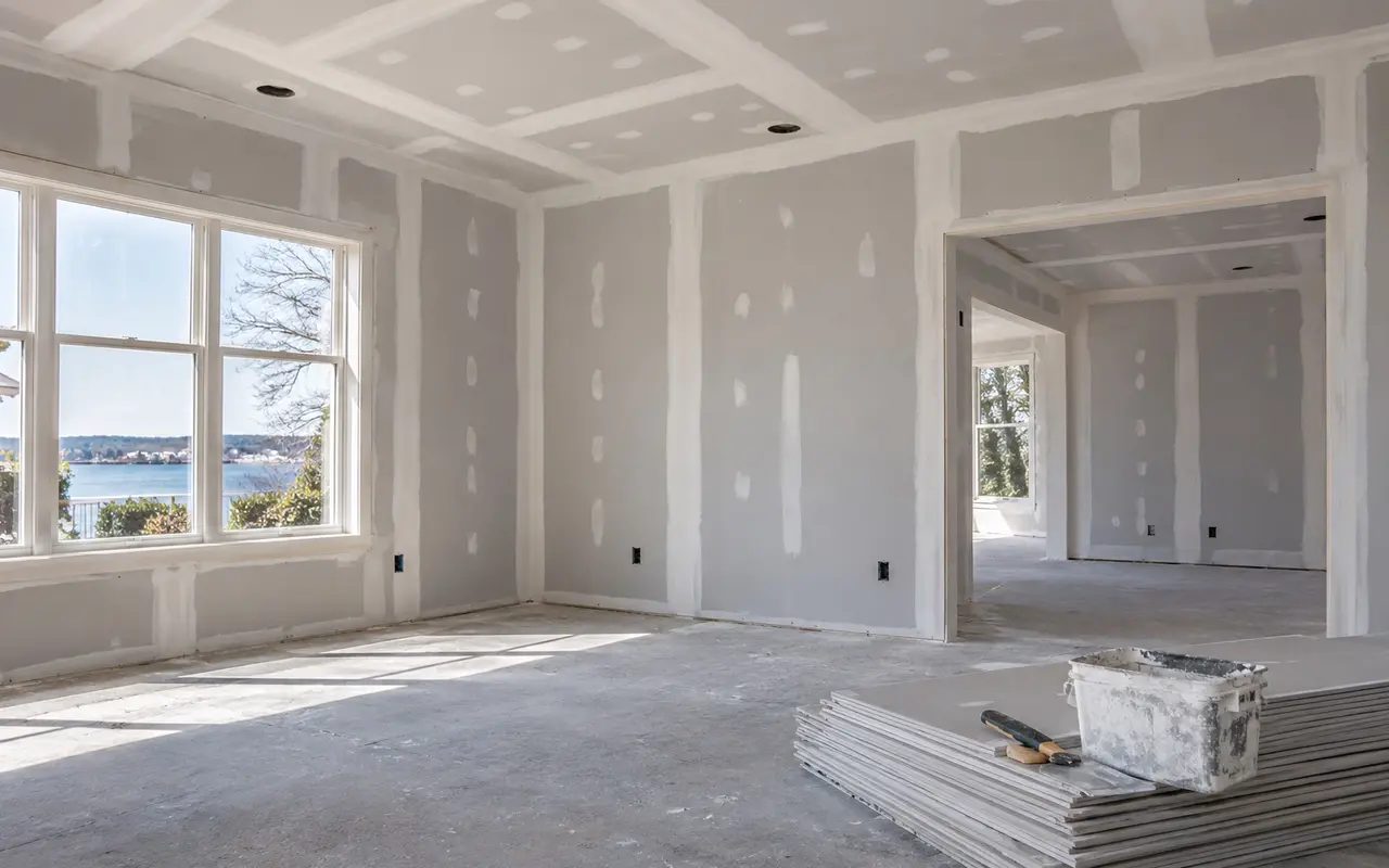 New drywall panels replacing a damaged wall in a Long Island home