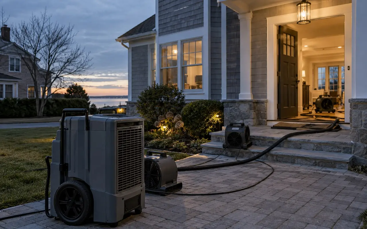 Restoration equipment staged outside a home at dusk