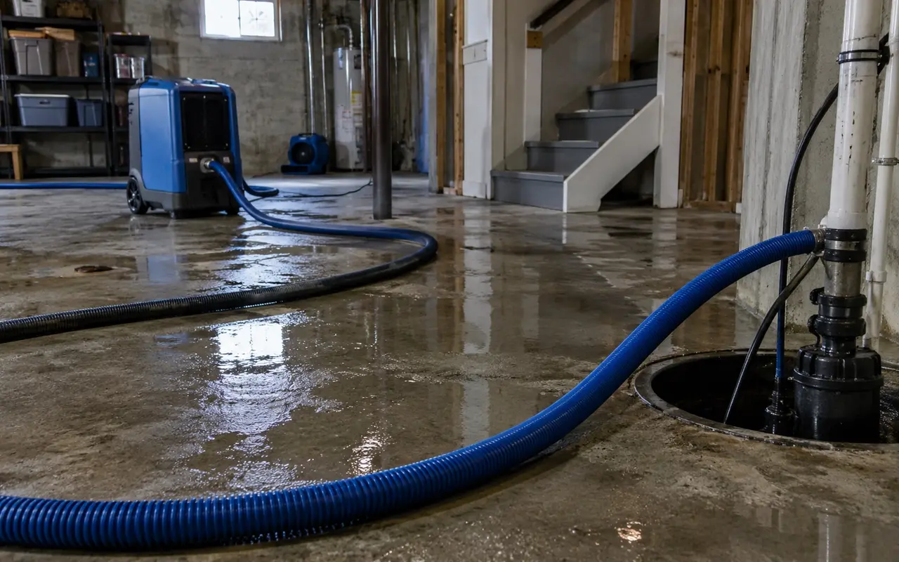 Flood extraction setup in a damp residential basement