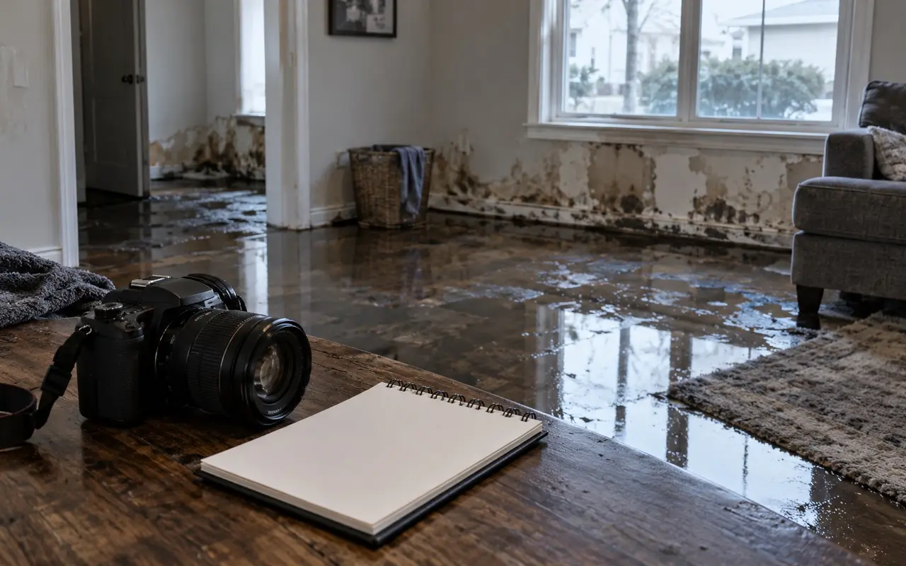 Camera and blank notes documenting damage in a house