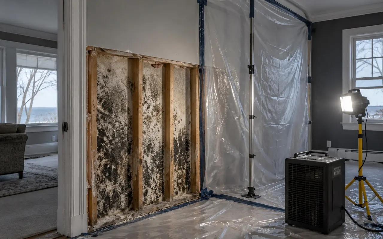 Contained wall section with visible mold in an older home