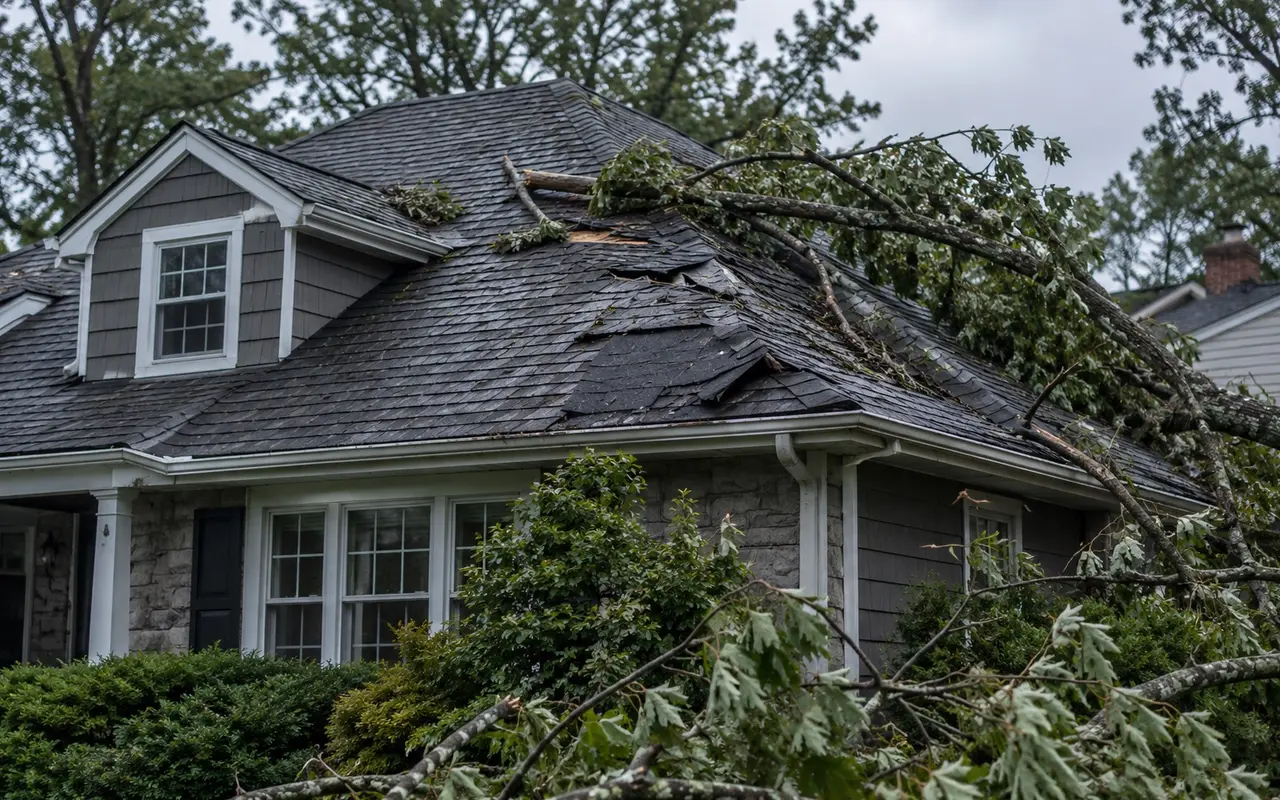 Long Island home with wind-damaged siding after a storm