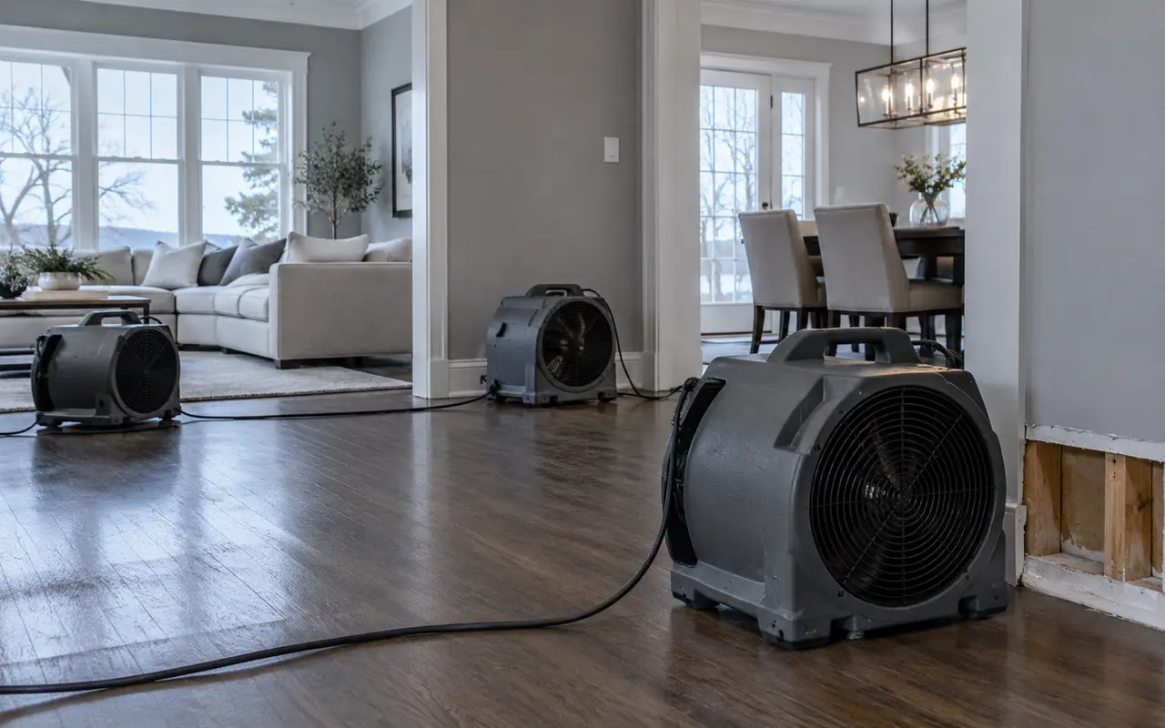 Drying equipment beside a wet floor in a residential room