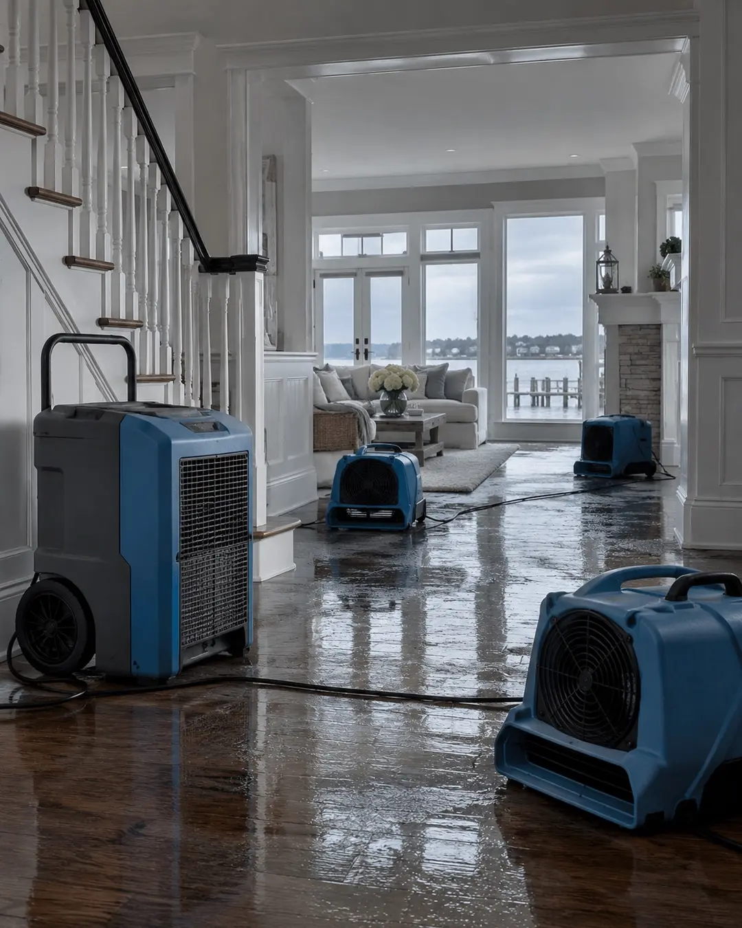 Drying fans and dehumidifiers in a Long Island home