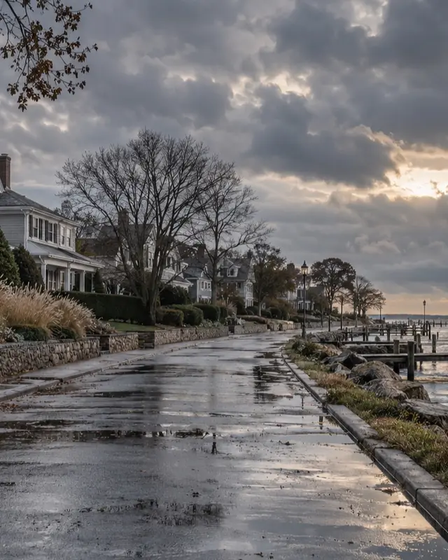 Babylon waterfront residential street after rain, closer residential view