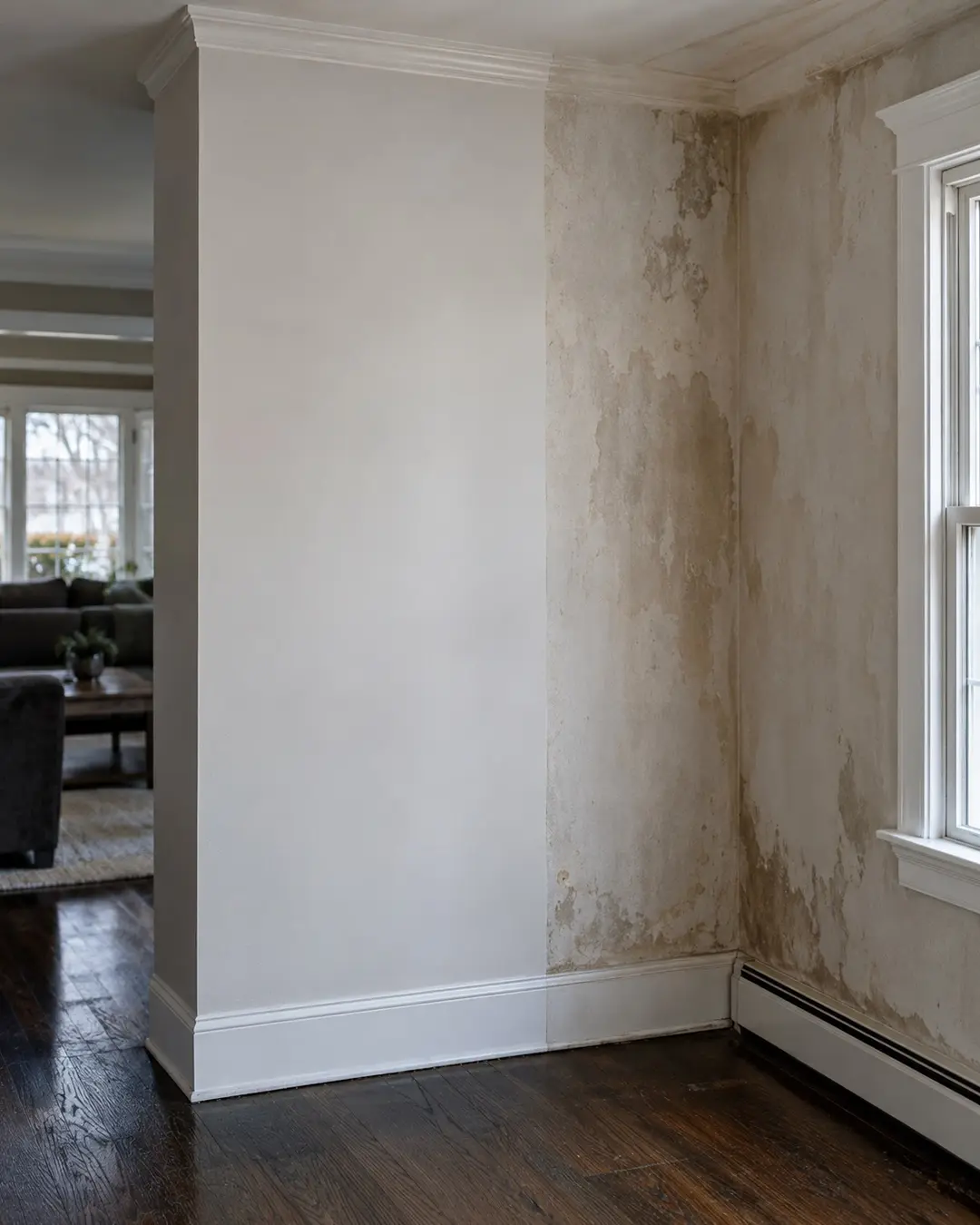 Repaired drywall section beside a former water stain