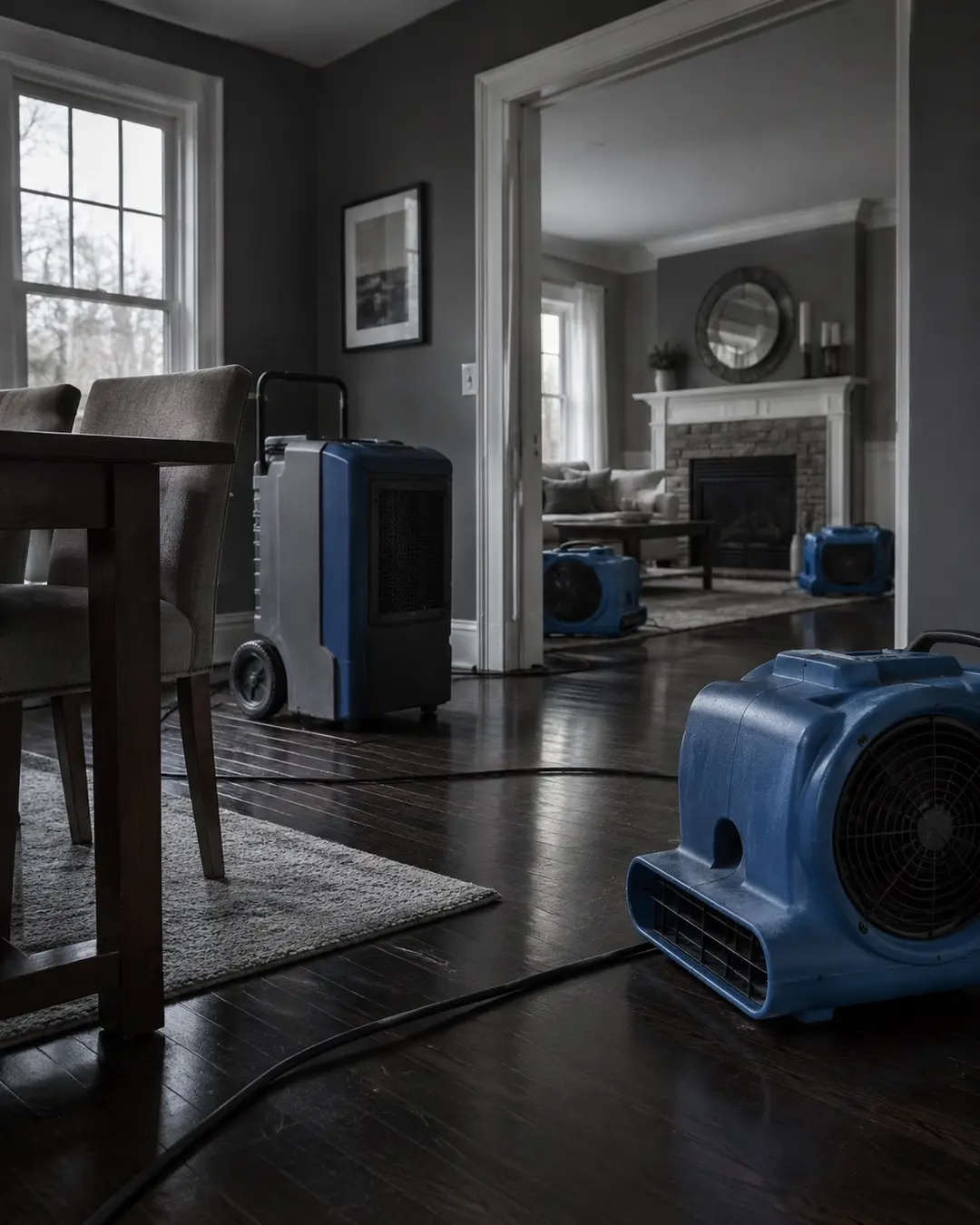 Emergency drying equipment inside a dim residential room