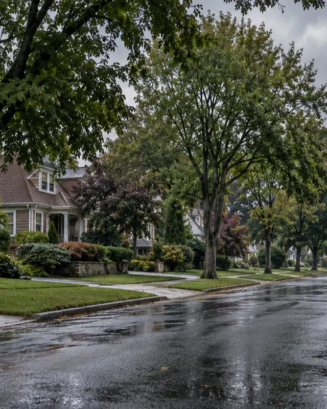 Farmingdale tree-lined residential street after rain, closer residential view