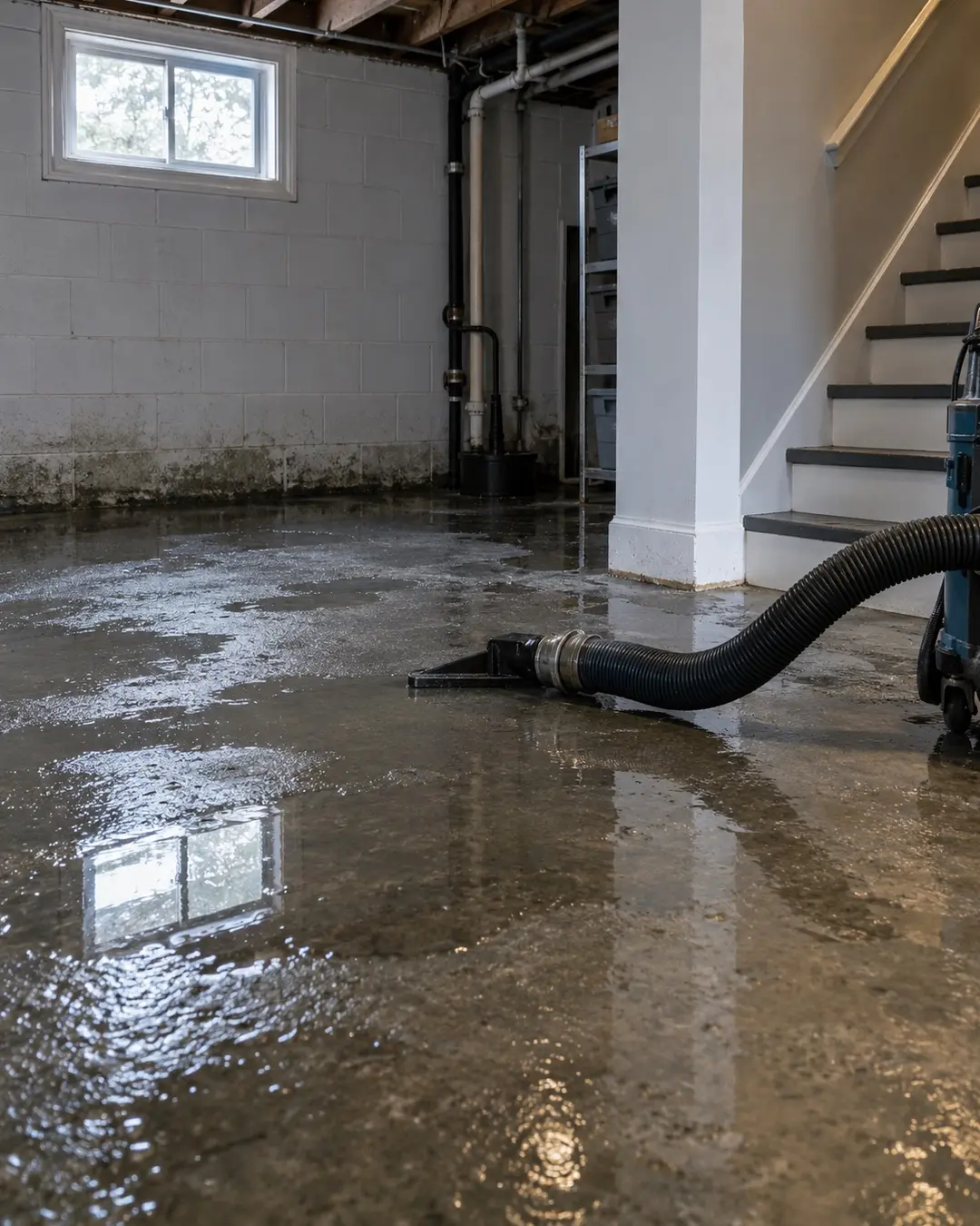 Wet basement floor with extraction hose