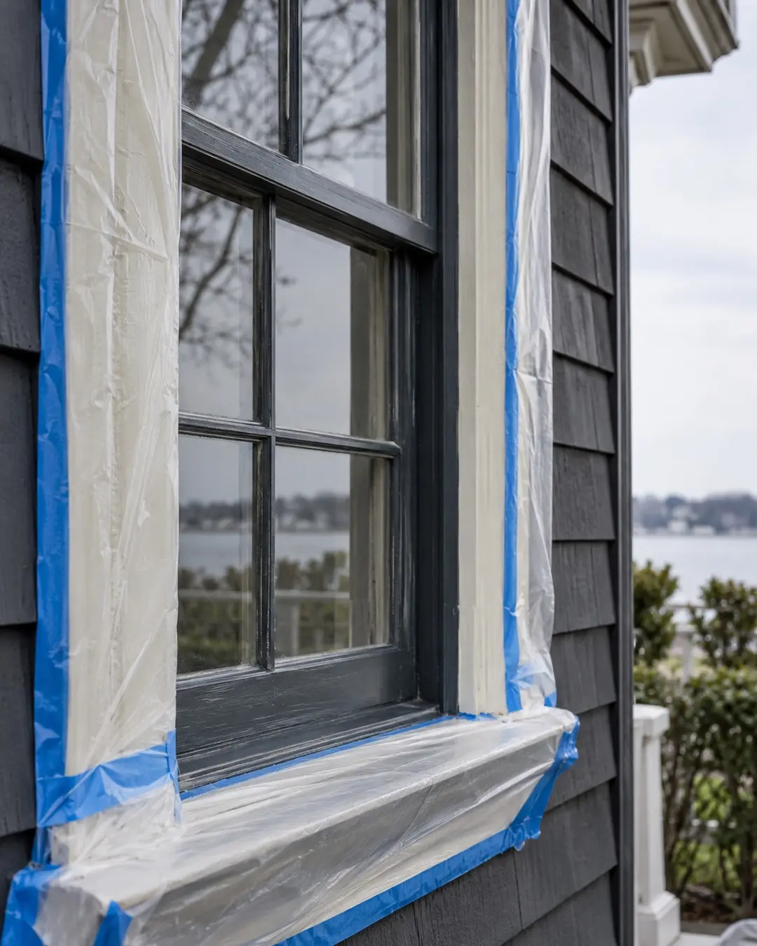 Painted window frame under protective sheeting