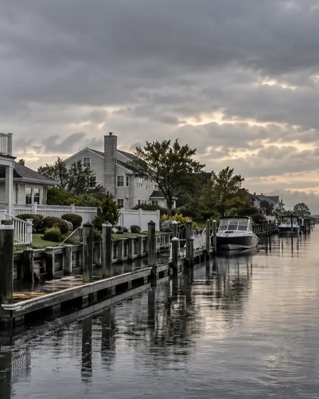 Lindenhurst canal-side houses after coastal rain, closer residential view