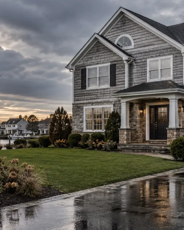Massapequa suburban home after rainfall, closer residential view