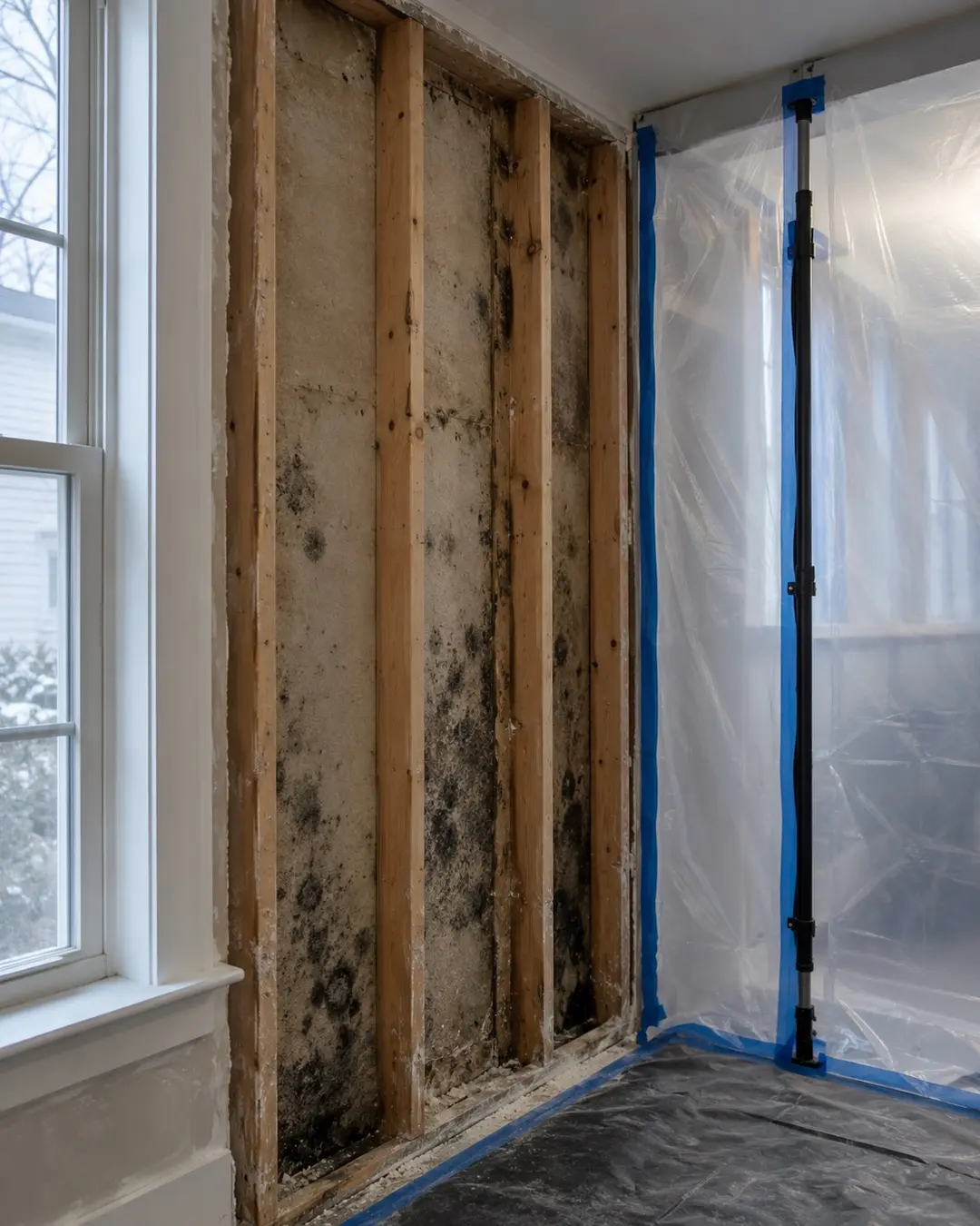 Isolated wall cavity with mold and protective sheeting