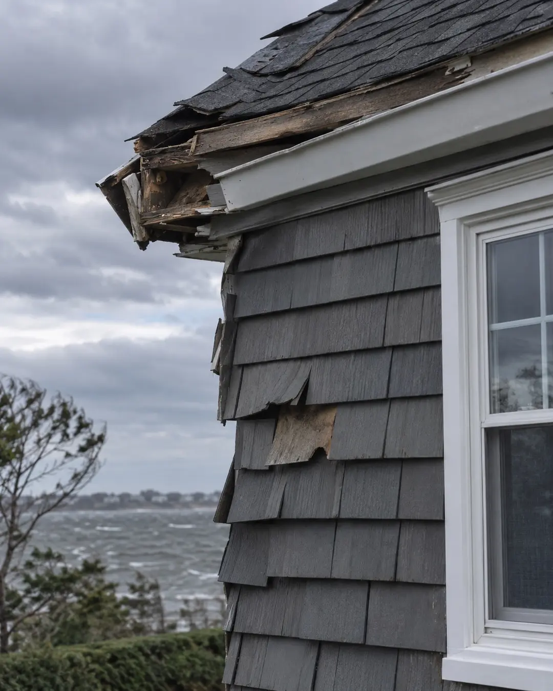 Wind-damaged siding and roof edge after coastal rain