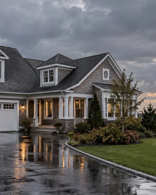 Western Suffolk home near Great South Bay after rain, closer residential view
