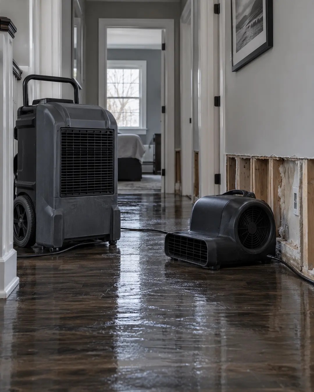 Dehumidifier and air mover in a residential hallway