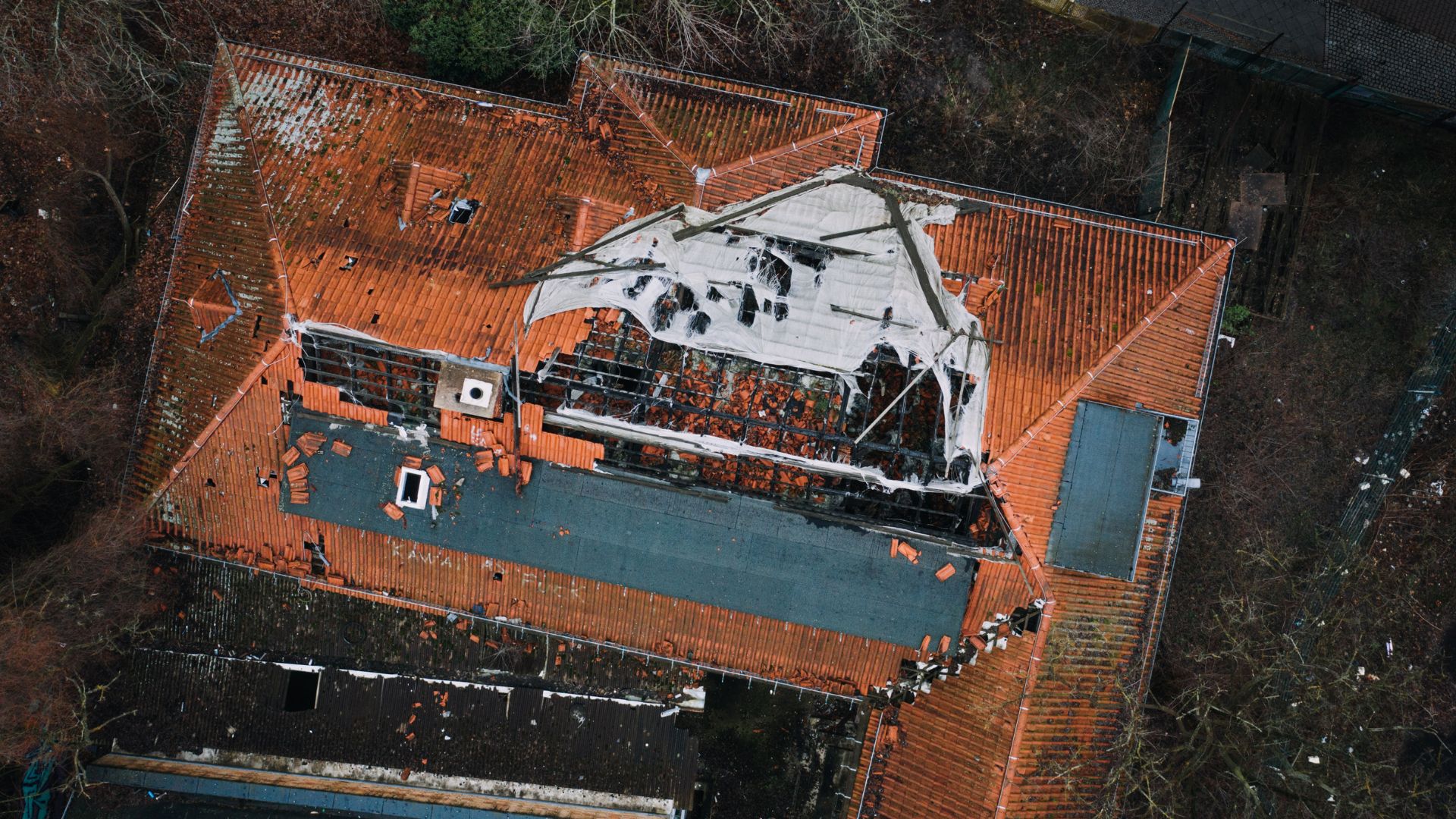 An aerial view of a house that has been gutted