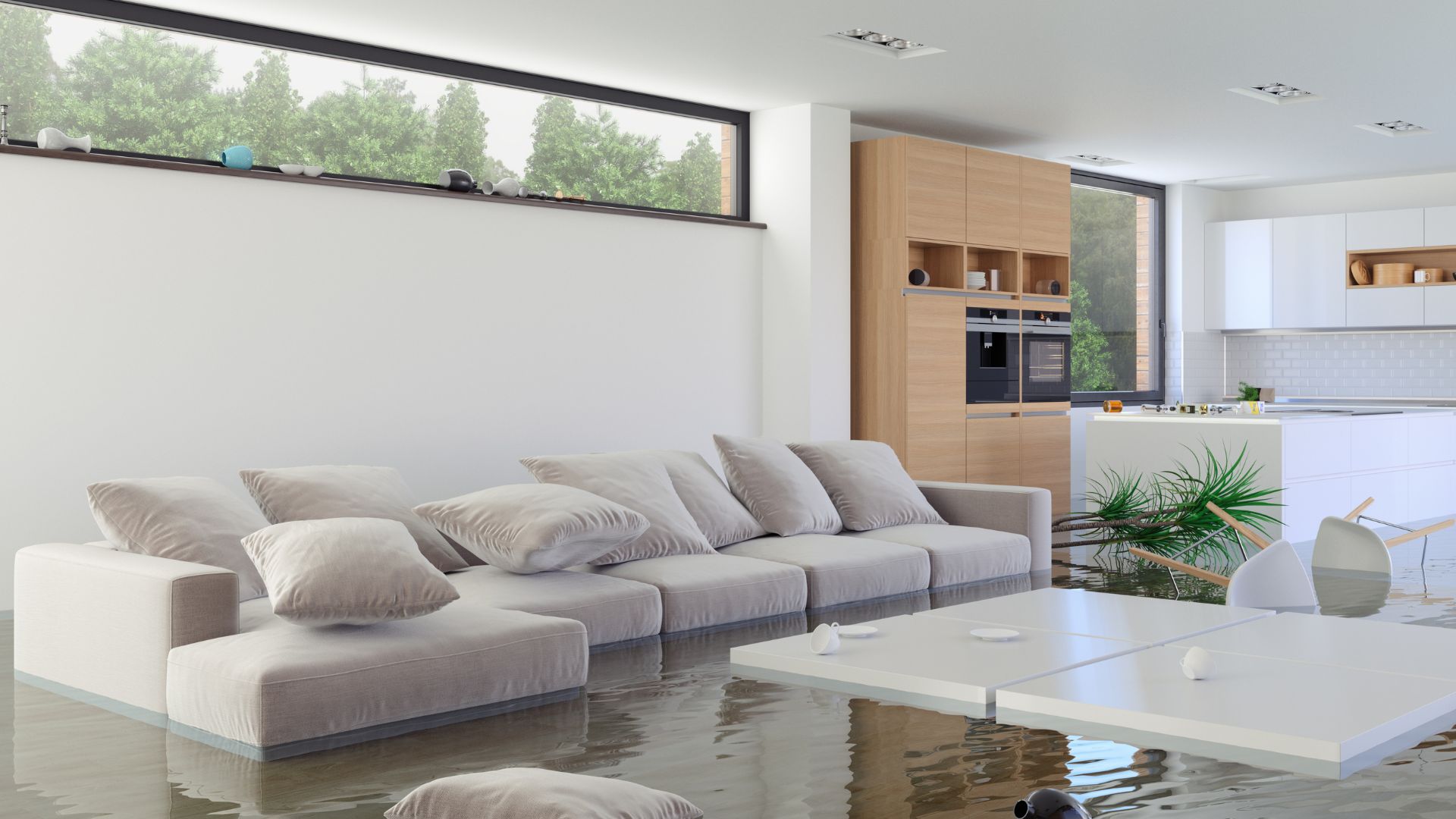 A living room filled with furniture and water